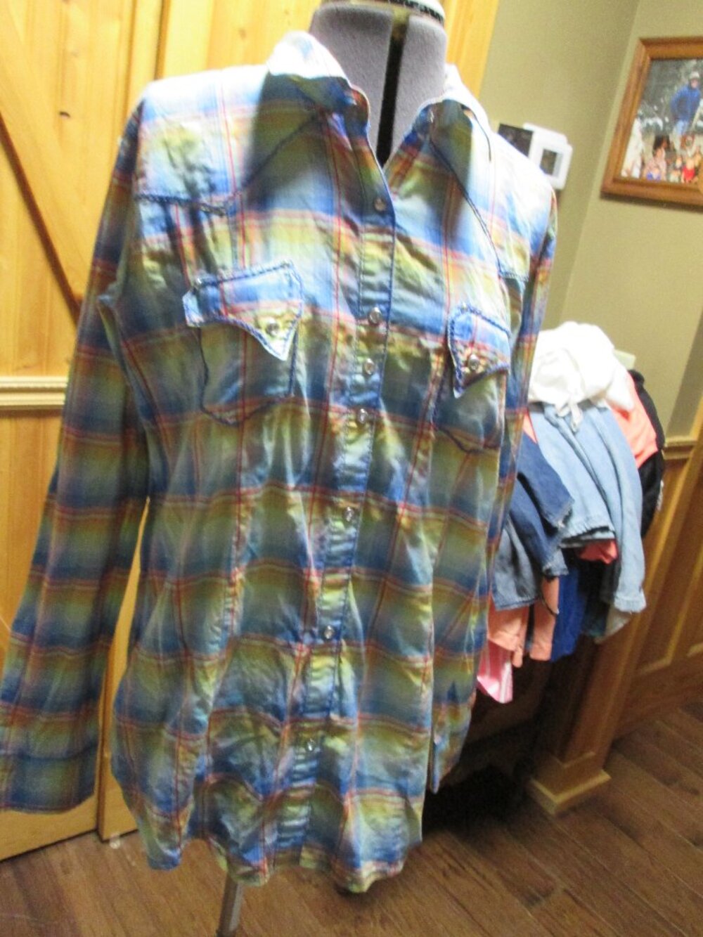 wrangler rock 47 large Cowgirl up blouse blue yellow plaid snap front
